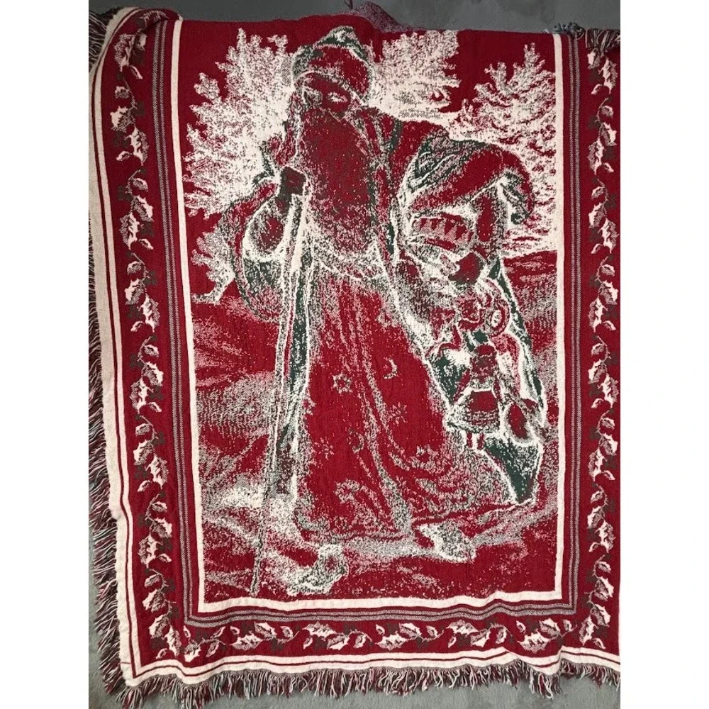 Vintage Style Old World Santa Claus Woven Tapestry Throw Blanket Holly Fringe